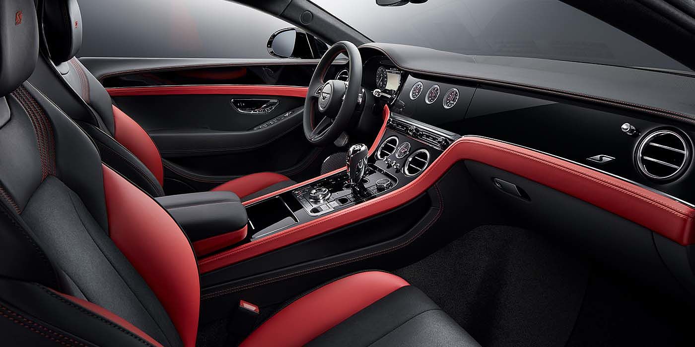 Jack Barclay Bentley Continental GT S coupe front interior in Beluga black and Hotspur red hide with high gloss Carbon Fibre veneer