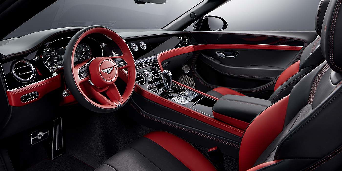 Jack Barclay Bentley Continental GTC S convertible front interior in Beluga black and Hotspur red hide with high gloss carbon fibre veneer