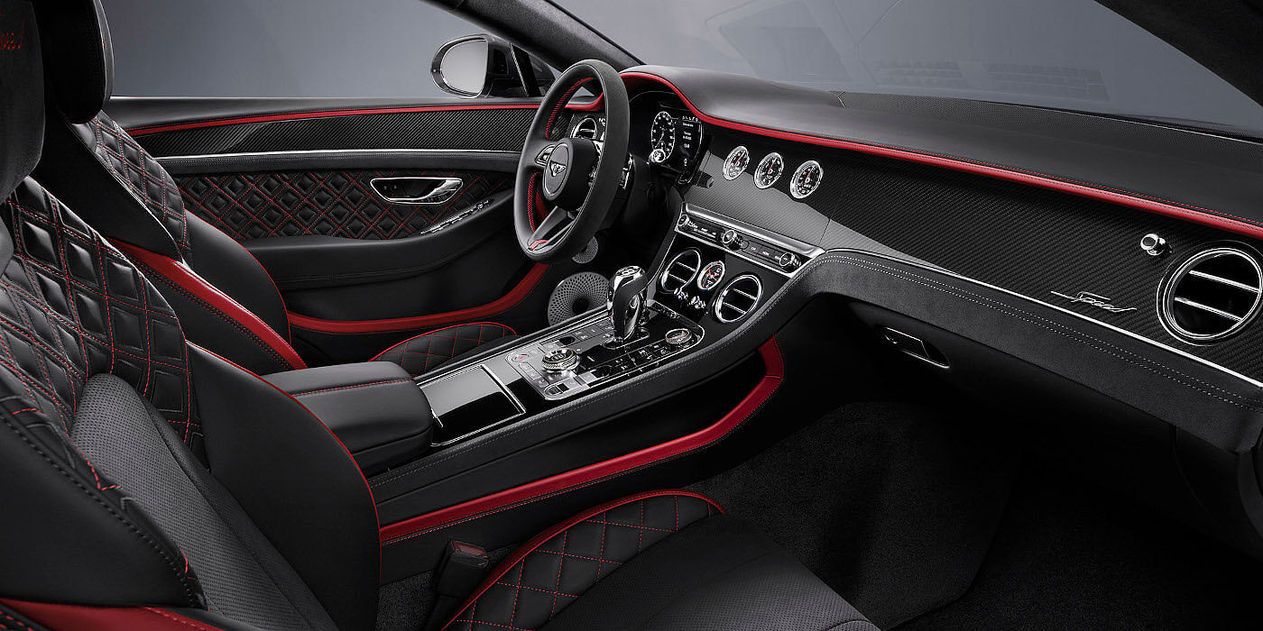Jack Barclay Bentley Continental GT Speed coupe front interior in Beluga black and Hotspur red hide
