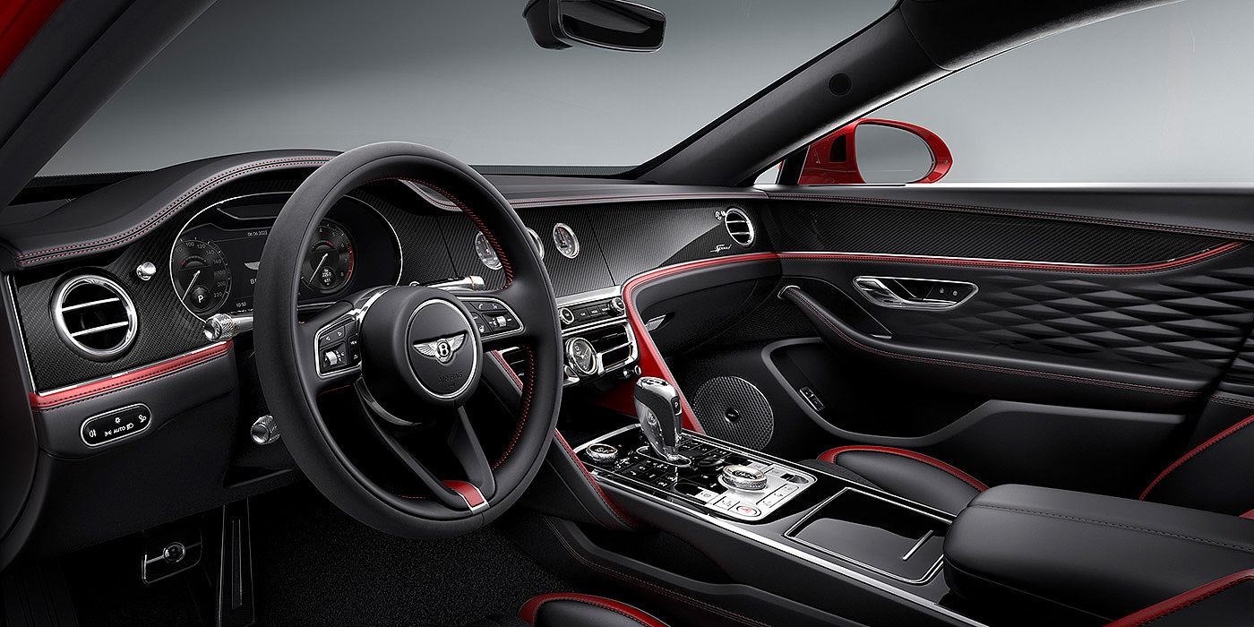 Jack Barclay Bentley Flying Spur Speed sedan front interior in Beluga black and Cricket Ball red hide