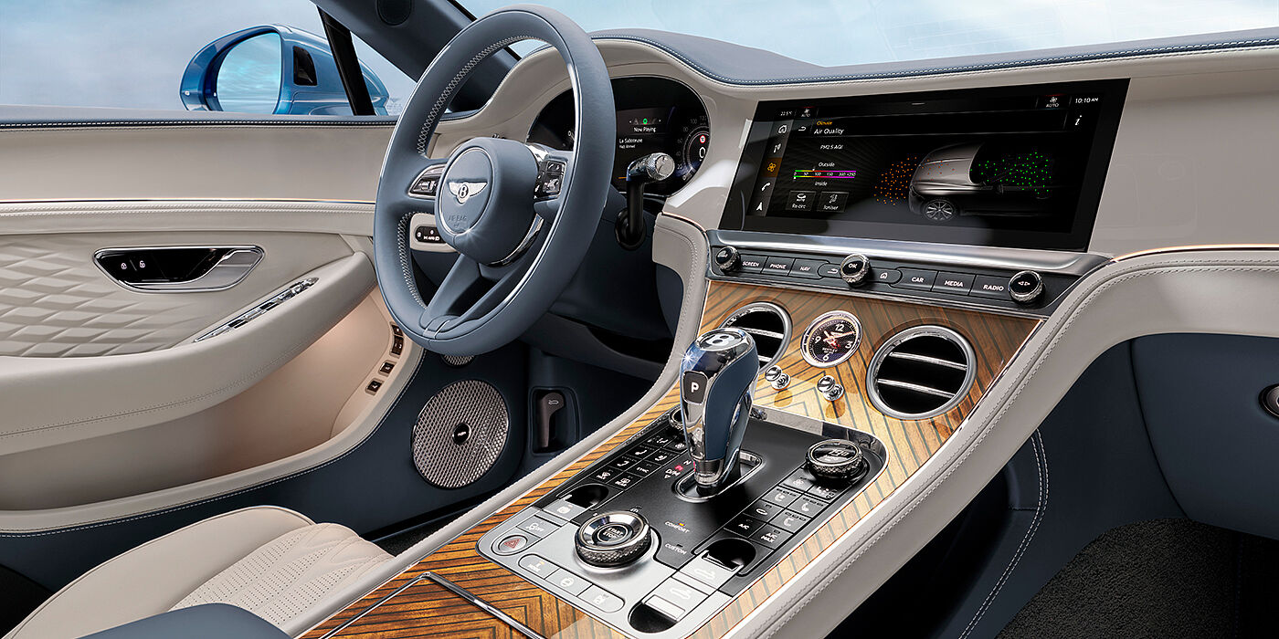 Jack Barclay New Bentley Continental GTC Azure convertible interior front cabin view with Linen and Brunel hides and Piano Linen by Mulliner veneer featuring centre console and centre MMI screen