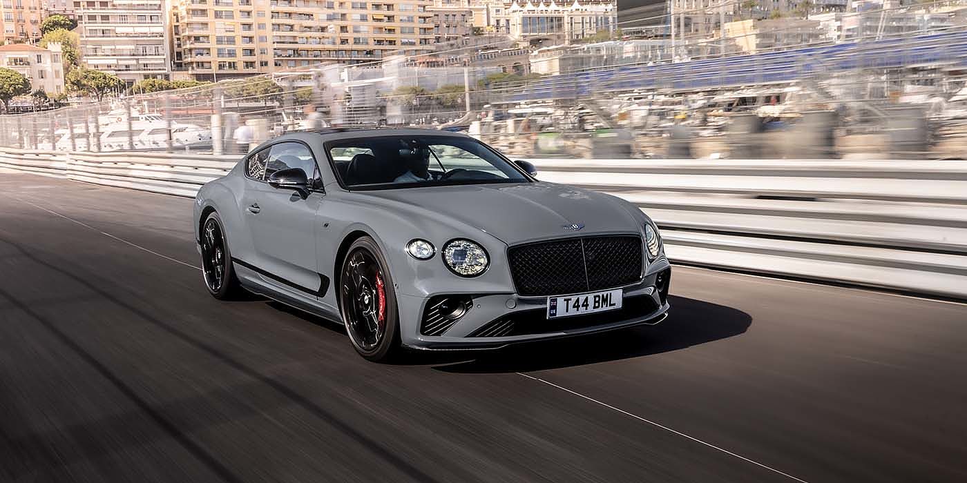 Jack Barclay Bentley Continental GT S coupe in Cambrian Grey paint front 34 dynamic driving on track