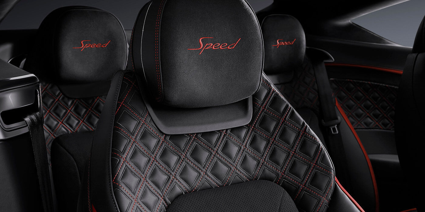 Jack Barclay Bentley Continental GT Speed coupe seat close up in Beluga black and Hotspur red hide