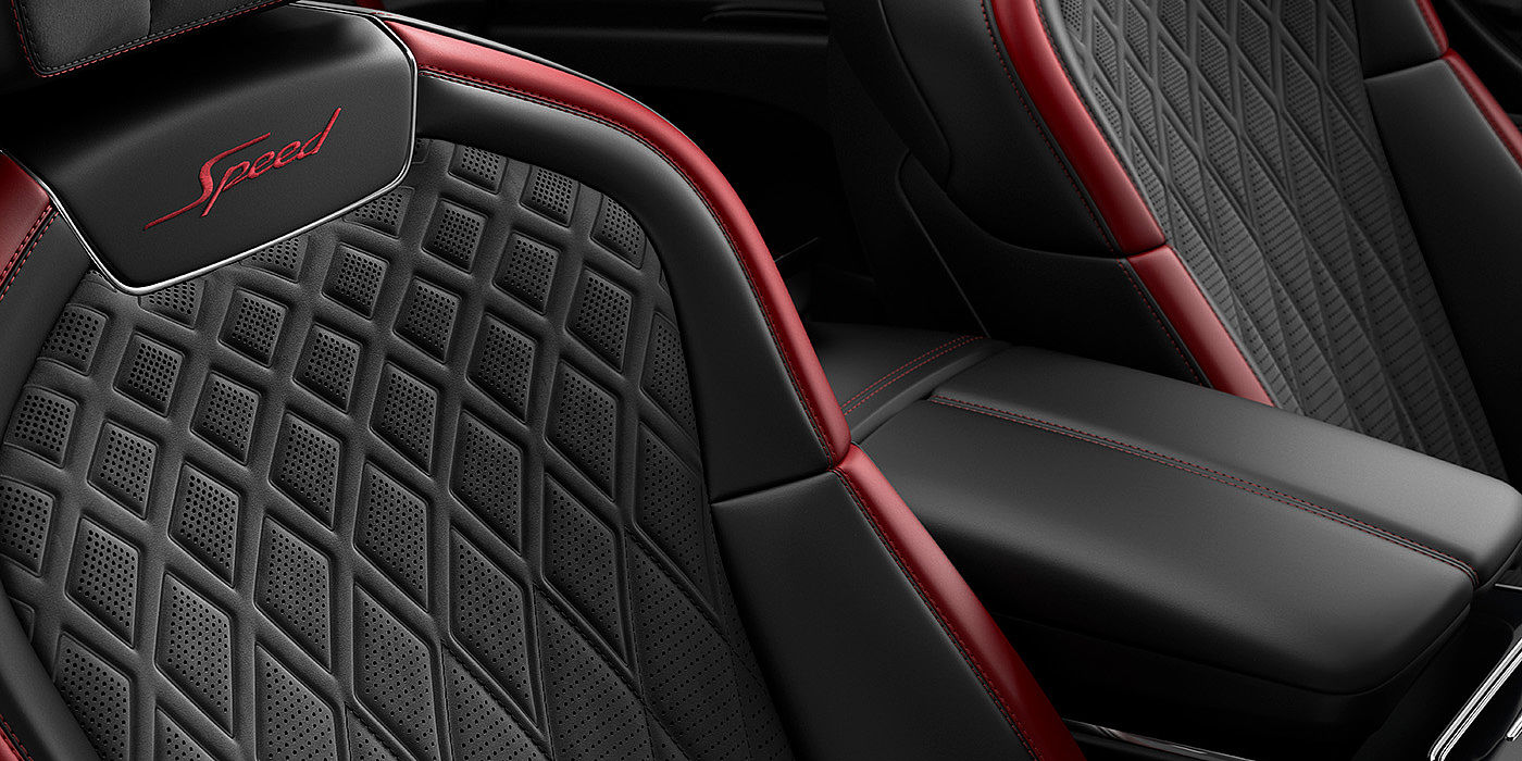Jack Barclay Bentley Flying Spur Speed sedan seat stitching detail in Beluga black and Cricket Ball red hide
