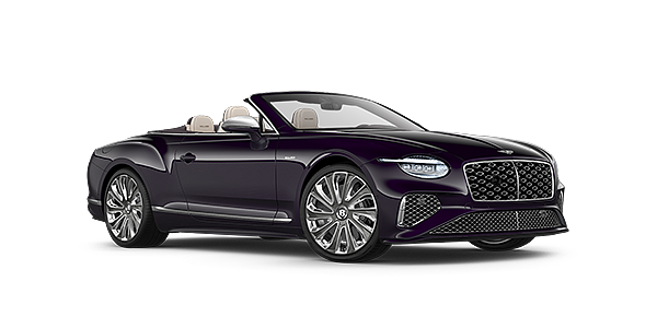 Jack Barclay Bentley New Continental GTC Mulliner convertible front three quarter view in Damson paint with 22 inch Mulliner painted and polished wheel