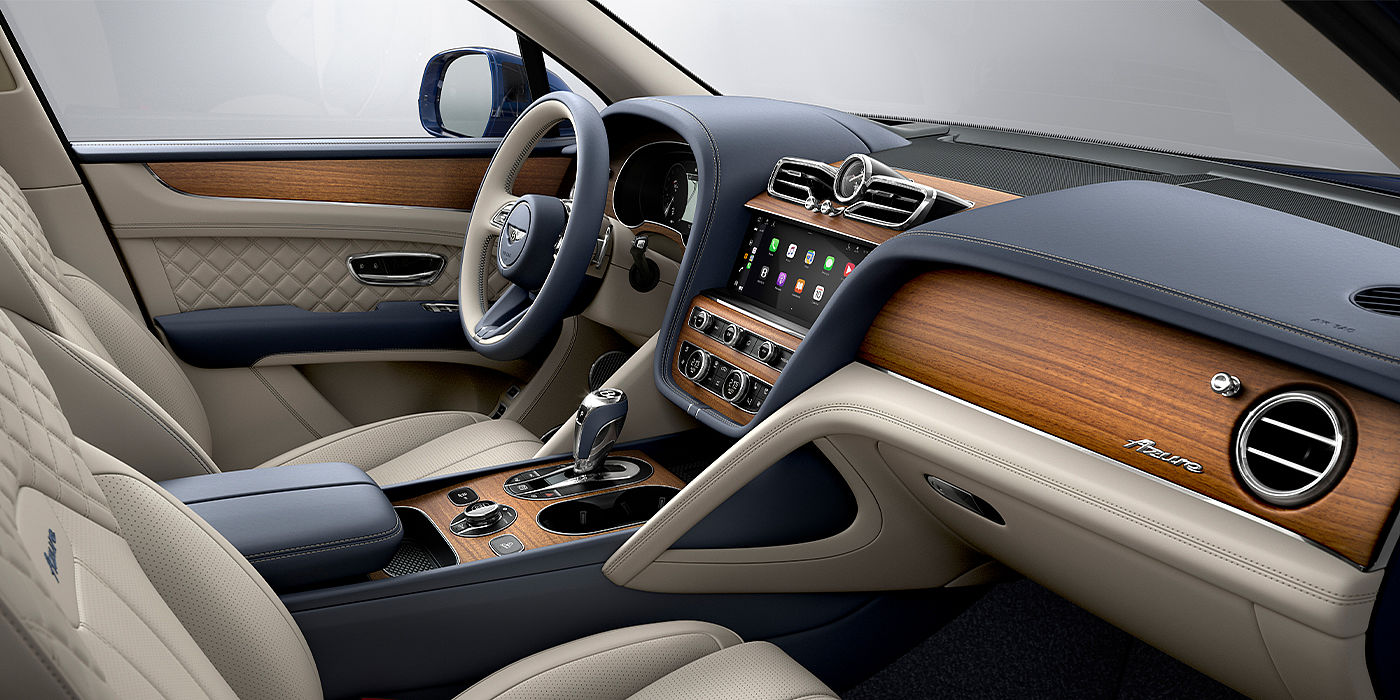 Jack Barclay Bentley Bentayga Azure SUV front interior in Imperial Blue and Linen hide