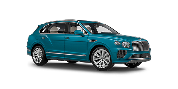 Jack Barclay Bentley Bentayga EWB Azure front side angled view in Topaz blue coloured exterior. 