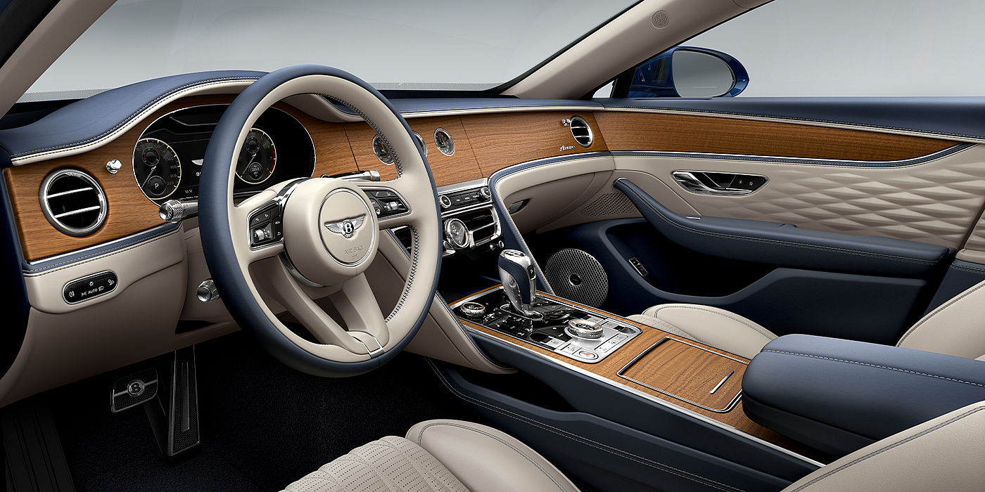 Jack Barclay Bentley Flying Spur Azure sedan front interior in Imperial Blue and Linen hide