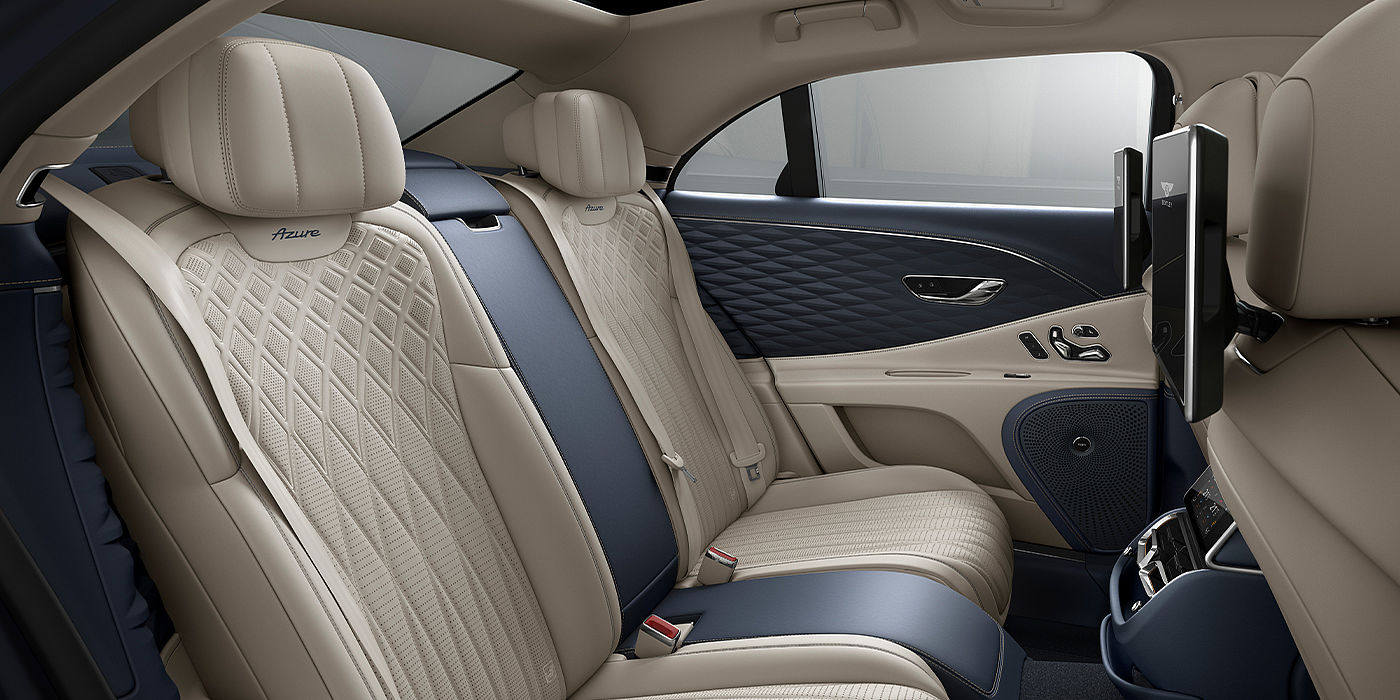 Jack Barclay Bentley Flying Spur Azure sedan rear interior in Imperial Blue and Linen hide