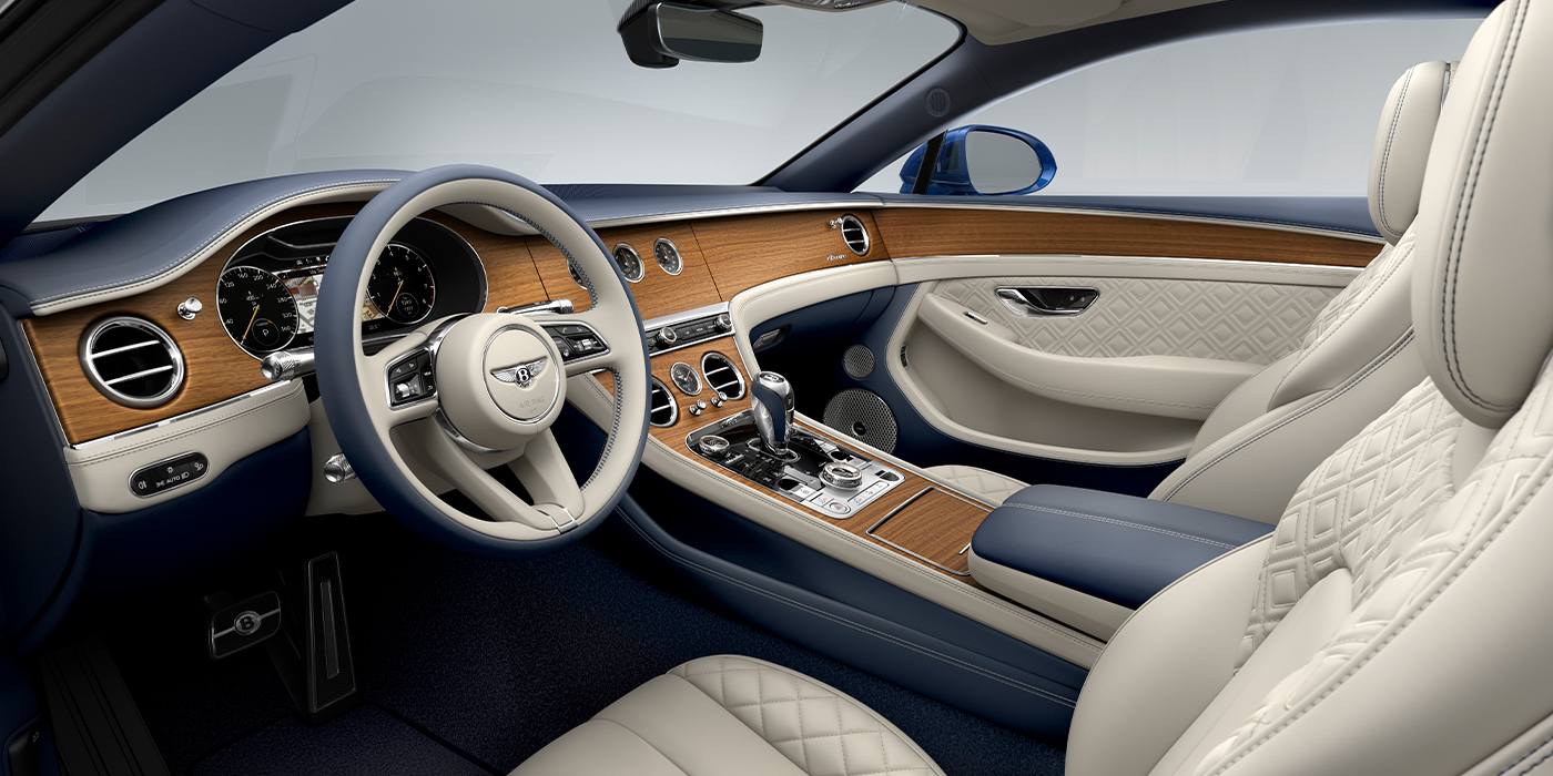 Jack Barclay Bentley Continental GT Azure coupe front interior in Imperial Blue and linen hide