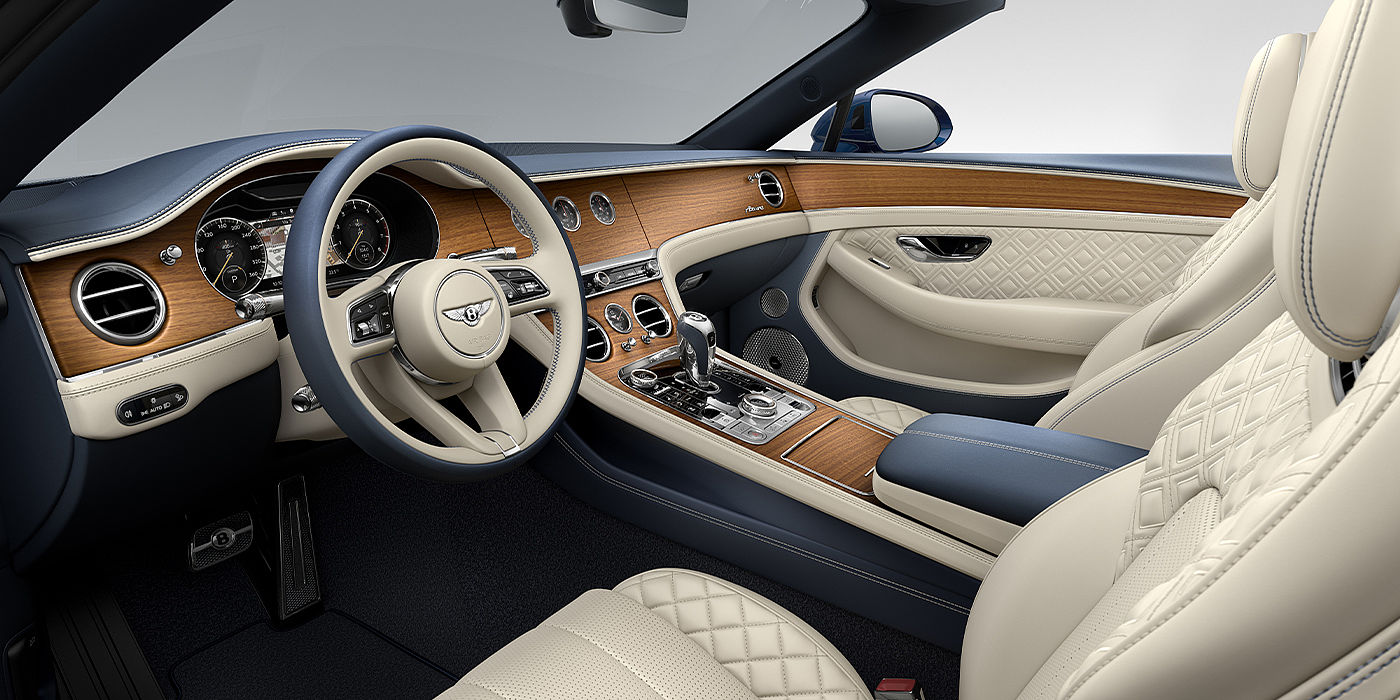 Jack Barclay Bentley Continental GTC Azure convertible front interior in Imperial Blue and Linen hide