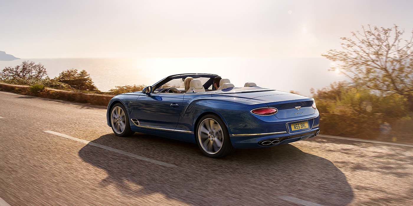 Jack Barclay Bentley Continental GTC Azure convertible in Sequin Blue paint rear 34 dynamic