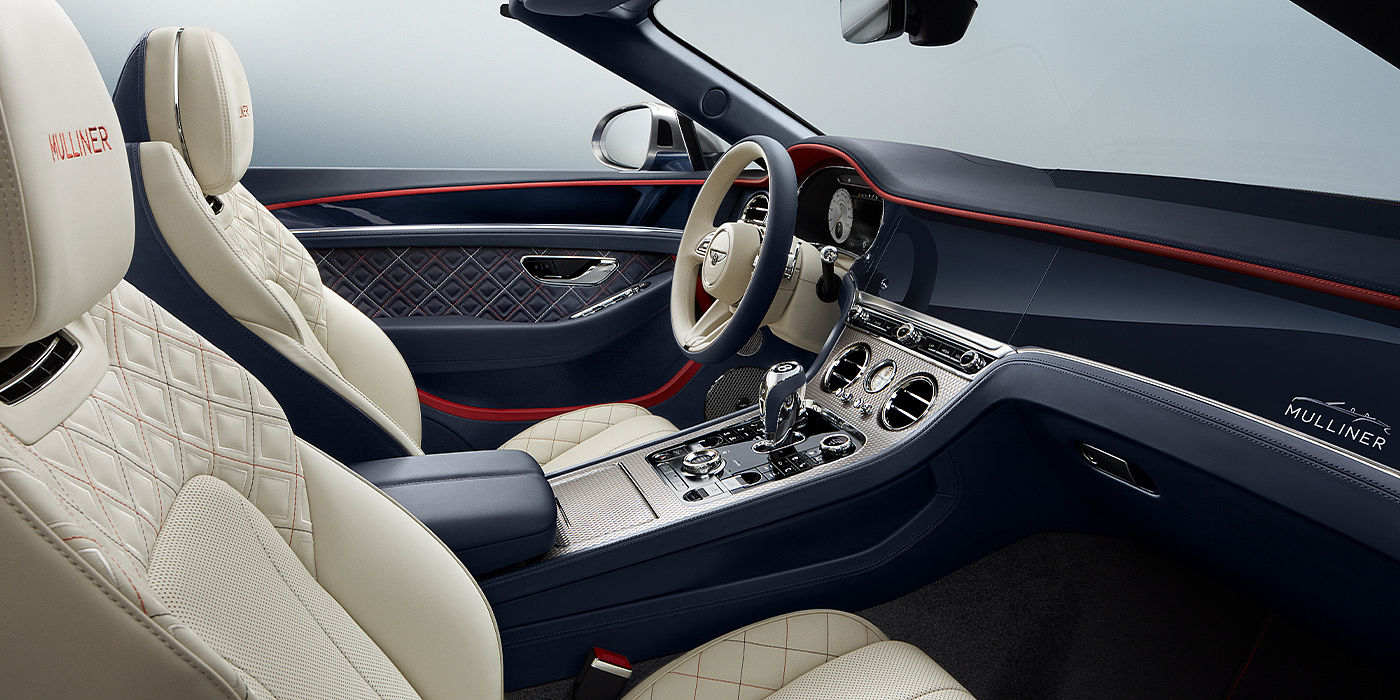 Jack Barclay Bentley Continental GTC Mulliner convertible front interior in Imperial Blue and Linen hide