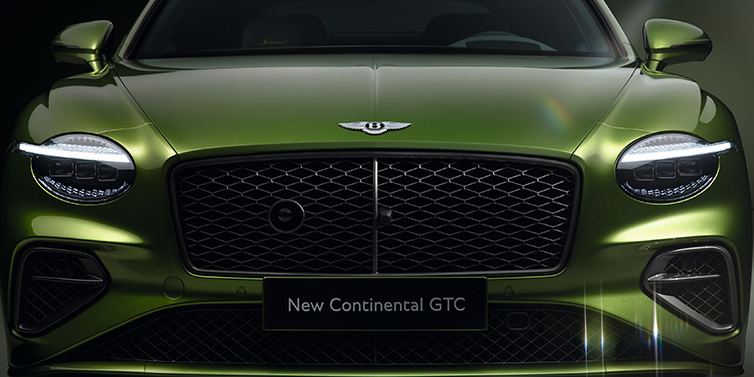 Jack Barclay Bentley Continental GTC Speed convertible front bonnet detail in Tourmaline Green paint showing new light design