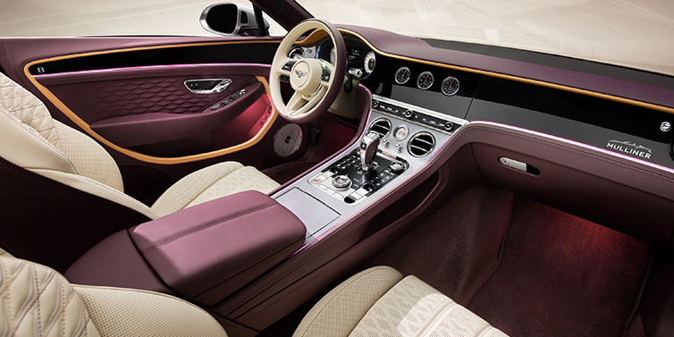 Jack Barclay Bentley Continental GTC Mulliner convertible front interior including Linen and Damson purple hides and Grand Black veneer