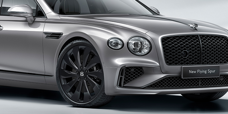 Jack Barclay New Bentley Flying Spur sedan front bonnet in Silverlake paint with Black Specification with black ten spoke wheel, black matrix grille and black exterior details