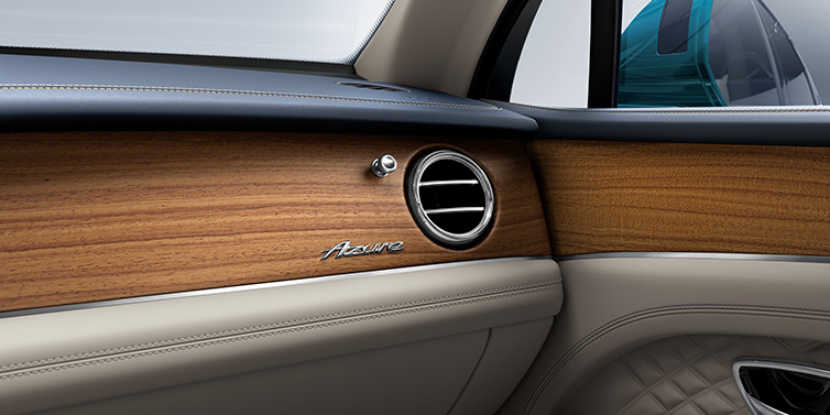 Jack Barclay Bentley Bentayga Extended Wheelbase Azure front dash showing Open Pore Koa veneer surrounded by Portland and Imperial Blue hides