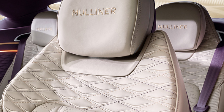 Jack Barclay Bentley Continental GT Mulliner coupe seat detail in Linen leather with Mulliner Diamond in Diamond quilting and Mulliner embroidered seat emblem